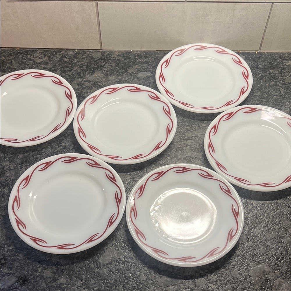Pyrex Vintage Classic White Salad Plates with Red Scroll Border - Set of 6
